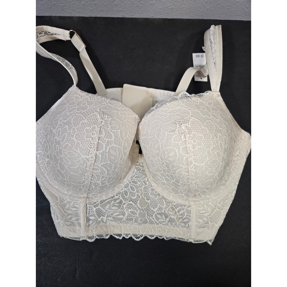 Aerie Real Good Lace Sequin Longline Underwire Balconette Bra Cream 40DD